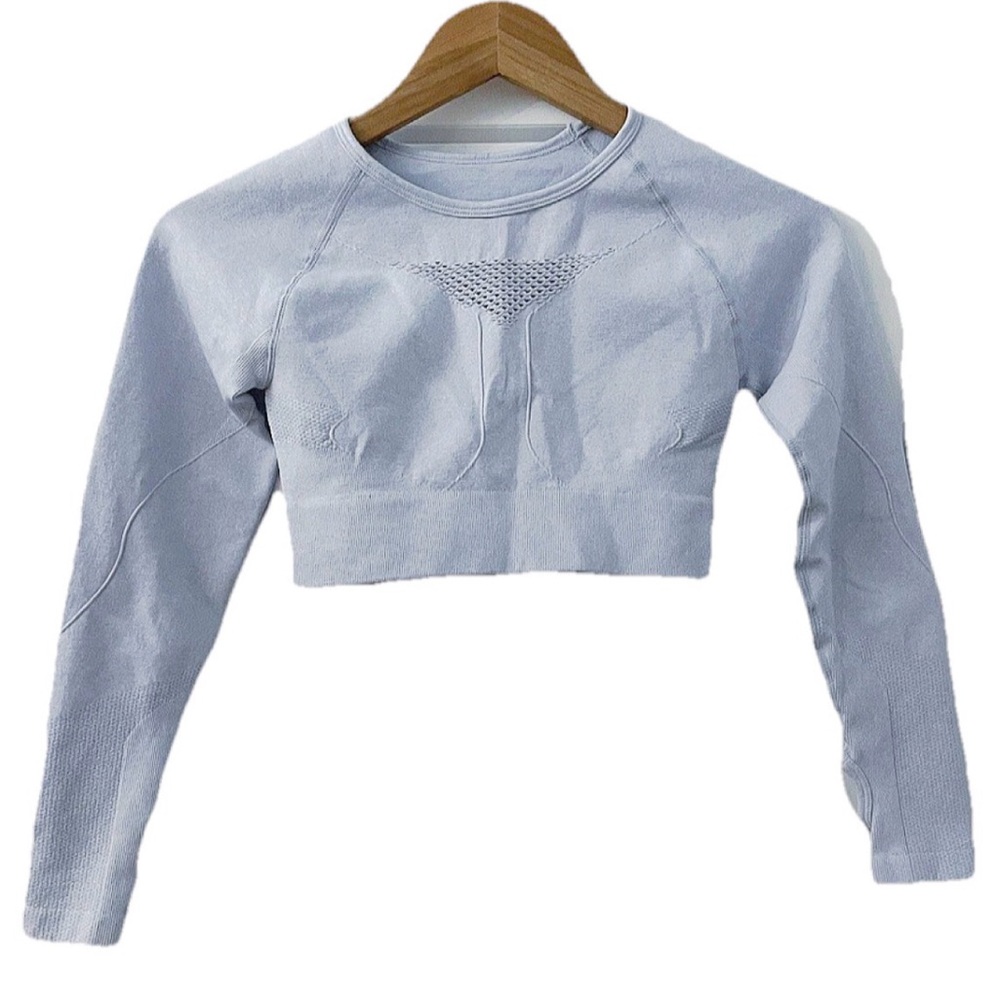 Jollmono Seamless Long Sleeve Open Back Crop Top Gray Size S - Picture 3 of 9